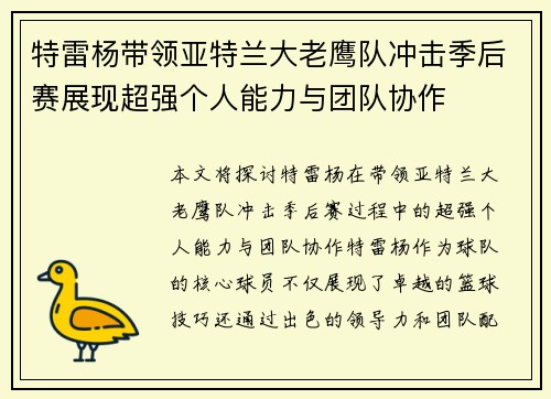 特雷杨带领亚特兰大老鹰队冲击季后赛展现超强个人能力与团队协作